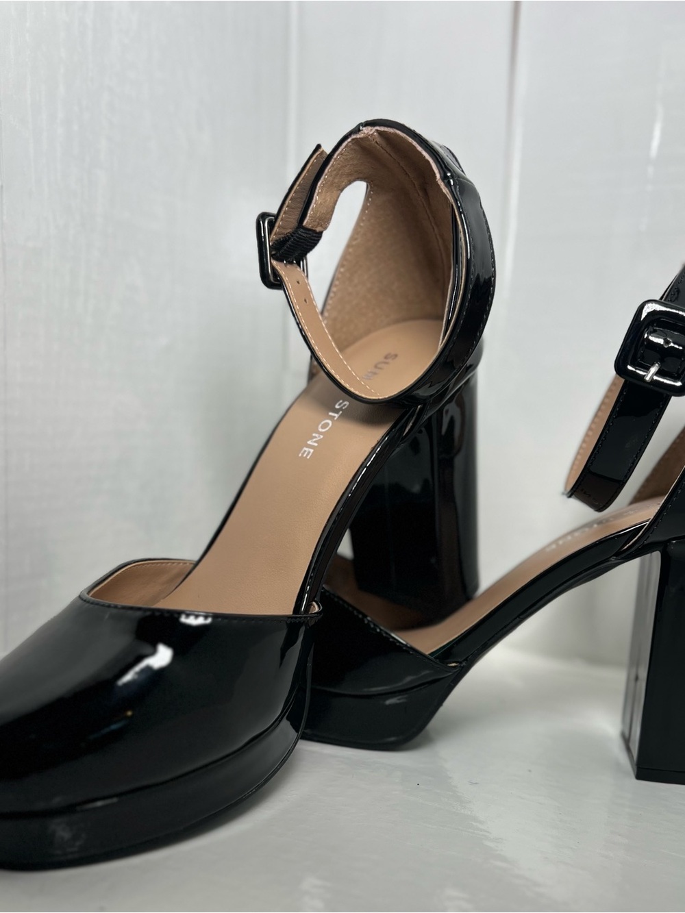 Sun + Stone Black Patent Ankle-Strap Platform Heels